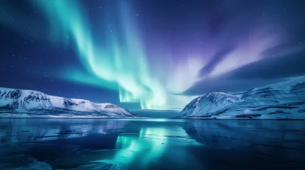 Store enrouleur tamisant Aurores boréales Beautiful aurora northern lights in night sky with lake snow forest in winter.