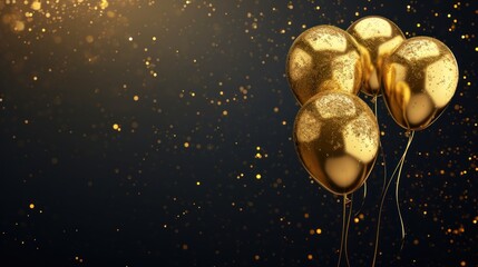 Gold balloons with falling foil confetti on black and white background ,party concept