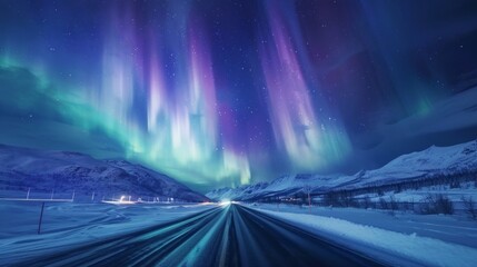 Beautiful aurora northern lights in night sky with highway and snow forest in winter.