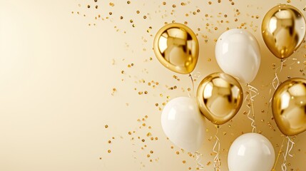 Obraz na płótnie Canvas Gold balloons with falling foil confetti on black and white background ,party concept