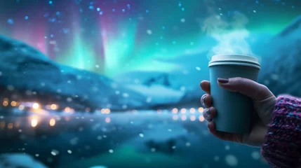 Fotobehang Hand holding a cup of steaming coffee with beautiful aurora northern lights in night sky in winter. © rabbit75_fot