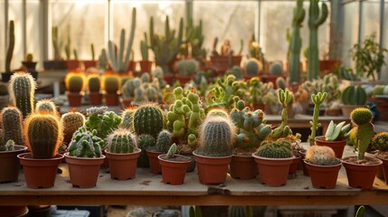 Fototapeta na wymiar variety of cacti in a sunny greenhouse generative ai