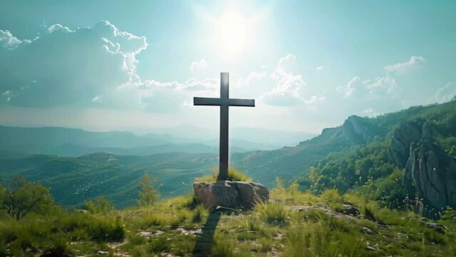 christian wooden cross close up with sun sky clouds and green grass, religious and spirituality concept Generative AI