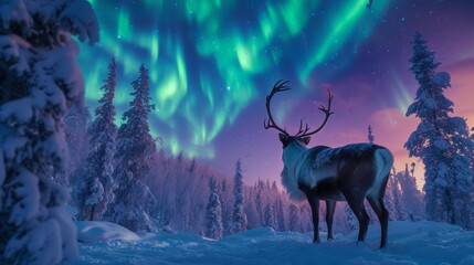 Reindeer in snow forest with beautiful aurora northern lights in night sky with snow forest in winter.
