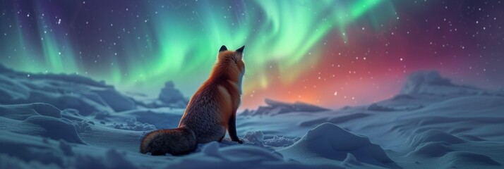 Red fox in wild snow field with beautiful aurora northern lights in night sky with snow forest in winter.