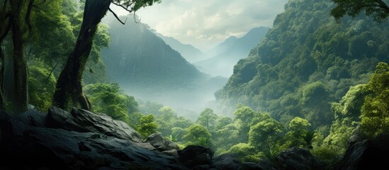 A detailed painting showcasing a dense forest with towering mountains in the background. The lush...