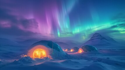 Igloos in snow field with beautiful aurora northern lights in night sky in winter. - obrazy, fototapety, plakaty