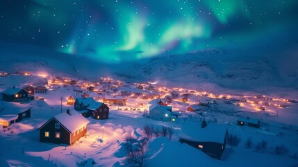 Village houses and lights with snow mountains and beautiful aurora northern lights in night sky in winter.