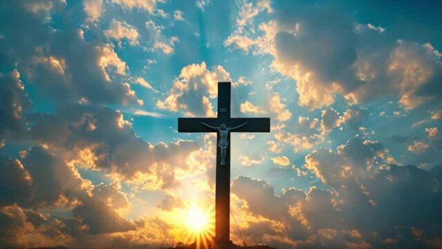 christian wooden cross close up with sky and clouds, religious and spirituality concept Generative AI