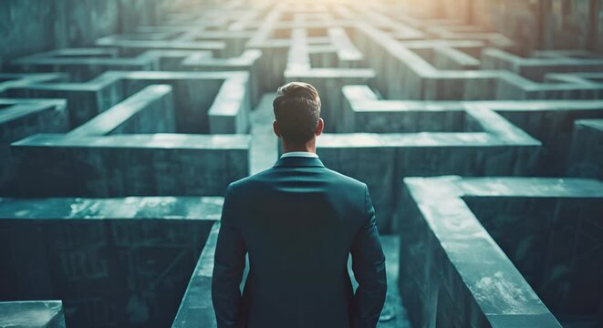 Businessman navigating a financial maze, crossroads offering risk and reward