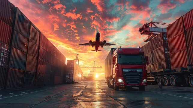 Transport logistics collage featuring aircraft, cargo ship, truck, and forklift in action.
