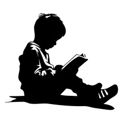 Little Kid Boy Study Reading Book Silhouette Illustration