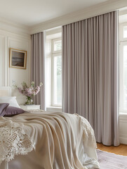 A cozy bedroom with a wooden bed, elegant curtains, and a large window offering a view of the outside. The comfortable flooring completes the relaxing atmosphere in this room