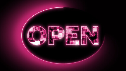 Neon open sign with glowing pink and purple lights on a dark background.