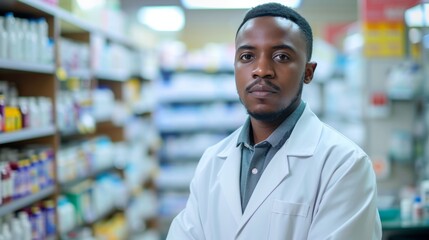 Obraz premium Portrait of smiling Africa-American male pharmacist in a drug store