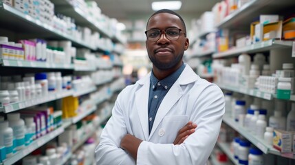 Portrait of smiling Africa-American male pharmacist in a drug store