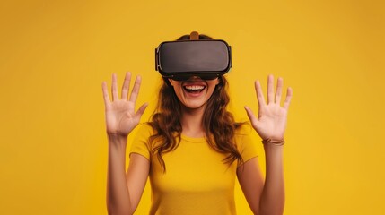 A young female wearing VR head set over plain background.