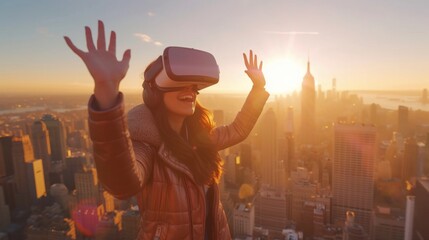 A female is in a virtual trip to a large fantasy city when wearing VR headset. - 752635961