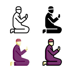 Muslim prayer icon set style collection in line, solid, flat, flat line style on white background