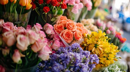 Obraz na płótnie Canvas Bouquet of flowers in a market generative ai