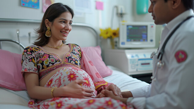 A pregnant Indian women laying in bed while her doctor is checking her status of pregnancy
