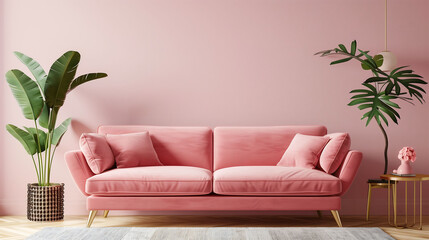 Mockup empty wall and pink sofa in a living room.