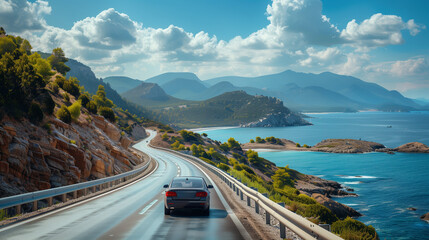 car driving on the road of Europe. road landscape in summer. it's nice to drive on the beachside highway. in Europe, a summer road trip on a sunny day
