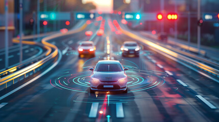 Sensing system and wireless communication network of vehicle. Autonomous car. Driverless car. Self driving vehicle. highway road with self-driving cars with signals around the cars, smart ransport - obrazy, fototapety, plakaty