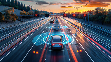 Sensing system and wireless communication network of vehicle. Autonomous car. Driverless car. Self driving vehicle. highway road with self-driving cars with signals around the cars at sunset