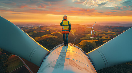 engineer worker with helmet standing a top of a windmill and looking beautiful sunset landscape - obrazy, fototapety, plakaty