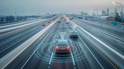 Sensing system and wireless communication network of vehicle. Autonomous car. Driverless car. Self driving vehicle. highway road with self-driving cars with signals around the cars