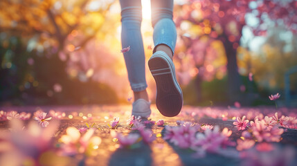 people walking in the park, low angle view of feet running in the park in Spring with blooming blossom trees - Powered by Adobe