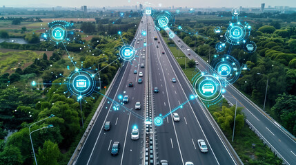 Social infrastructure and communication technology concept. IoT(Internet of Things). Autonomous transportation. top view of the highway with floating icons around, self driving auto
