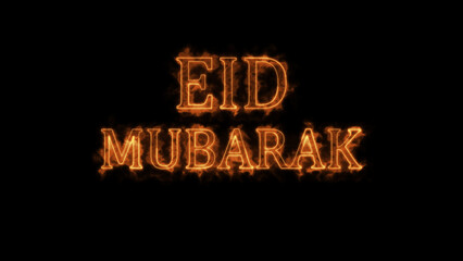 Eid Mubarak text in fiery lettering on a black background.