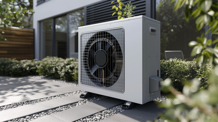 air source heat pump unit installed outdoors at home in the Netherlands, warmte pomp, translation air source heat pump, airco for warming and cooling, on a sunny day