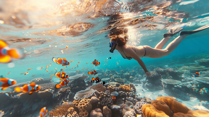 Young woman snorkeling dive underwater with Nemo fishes in the coral reef Travel lifestyle, swim activity on a summer beach holiday in Thailand