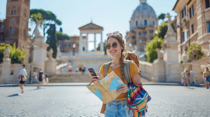 Fototapeta na wymiar Women on a city trip in Rome with a mobile phone and a city map, a female tourist sightseeing in the city visiting the highlight landmarks of Rome Italy, a woman visiting the Spanish steps