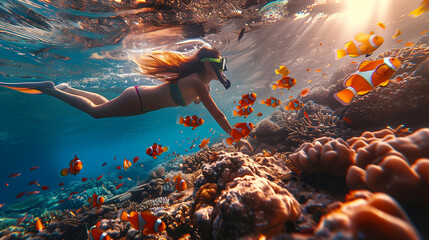 Young woman snorkeling dive underwater with Nemo fishes in the coral reef 
