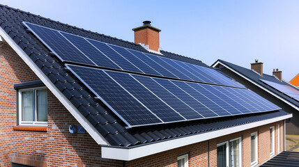 Solar energy, close up of a family house building with solar panels on the roof in a residential area. blue sky and during the Spring season