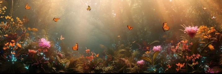 Foto auf Glas Fairy enchanted forest wonderland wall paper background. Glowing flowers, misty sunlight. © rabbit75_fot