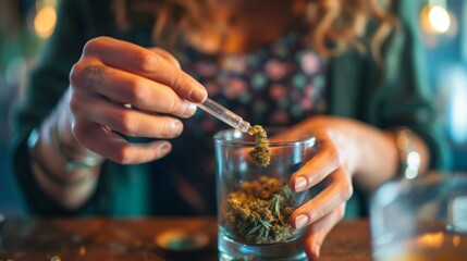 Hands working on dried cannabis buds on table for entertainment usage