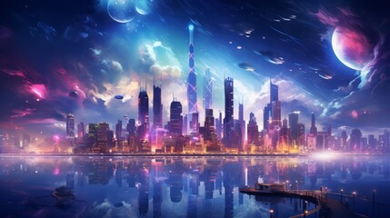 Cyberpunk cityscape at night with neon lights and futuristic architecture