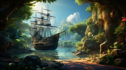 Pirate cove with hidden treasures and a secretive atmosphere