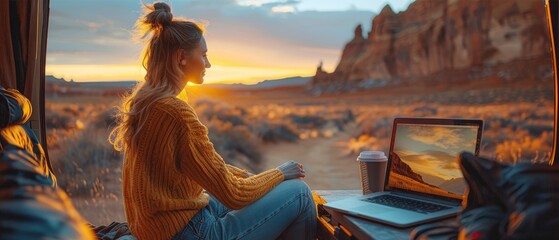 Digital nomads share mobile office in a van, scenic spots, promoting freedom, adventure, remote work. - obrazy, fototapety, plakaty