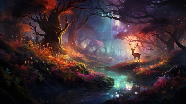 Mystical forest with glowing trees and magical creatures