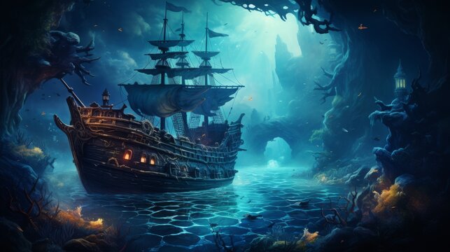 Underwater scene with a sunken ship and glowing marine life