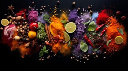 Series of colorful culinary spices in artistic layouts - obrazy, fototapety, plakaty