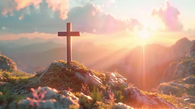 christian cross on spring mountain top with the sun and flowers, religious and spiritual concept Generative AI