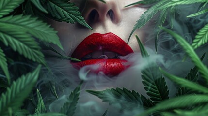 A sexy woman smoke behind cannabis leaf - 752638356