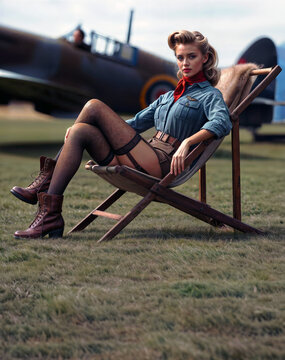 Sexy fashion model in pinup pose wearing vintage blue uniform top, khaki skirt and suspenders sitting near WW2 airplane